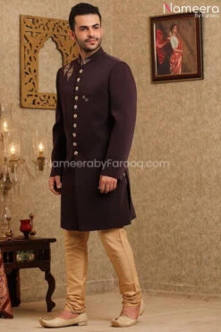 Sherwani Groom Pakistani For Wedding Online 2021 #GR80 7 Sherwani Groom Pakistani For Wedding Online 2021 #GR80 -LuxPak Bridal Studio Store SherwaniPakistaniforGroominPlumColor2021 4