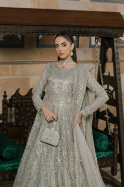 Silver Grey Queen Style Pakistani Wedding Heavily Embellished Pishwas -LuxPak Bridal Studio Store SilverGreyQueenStylePakistaniWeddingPishwas