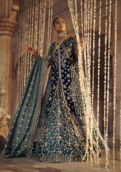 Teal Blue Embroidered Velvet Gown Pakistani Wedding Dress With Lehenga