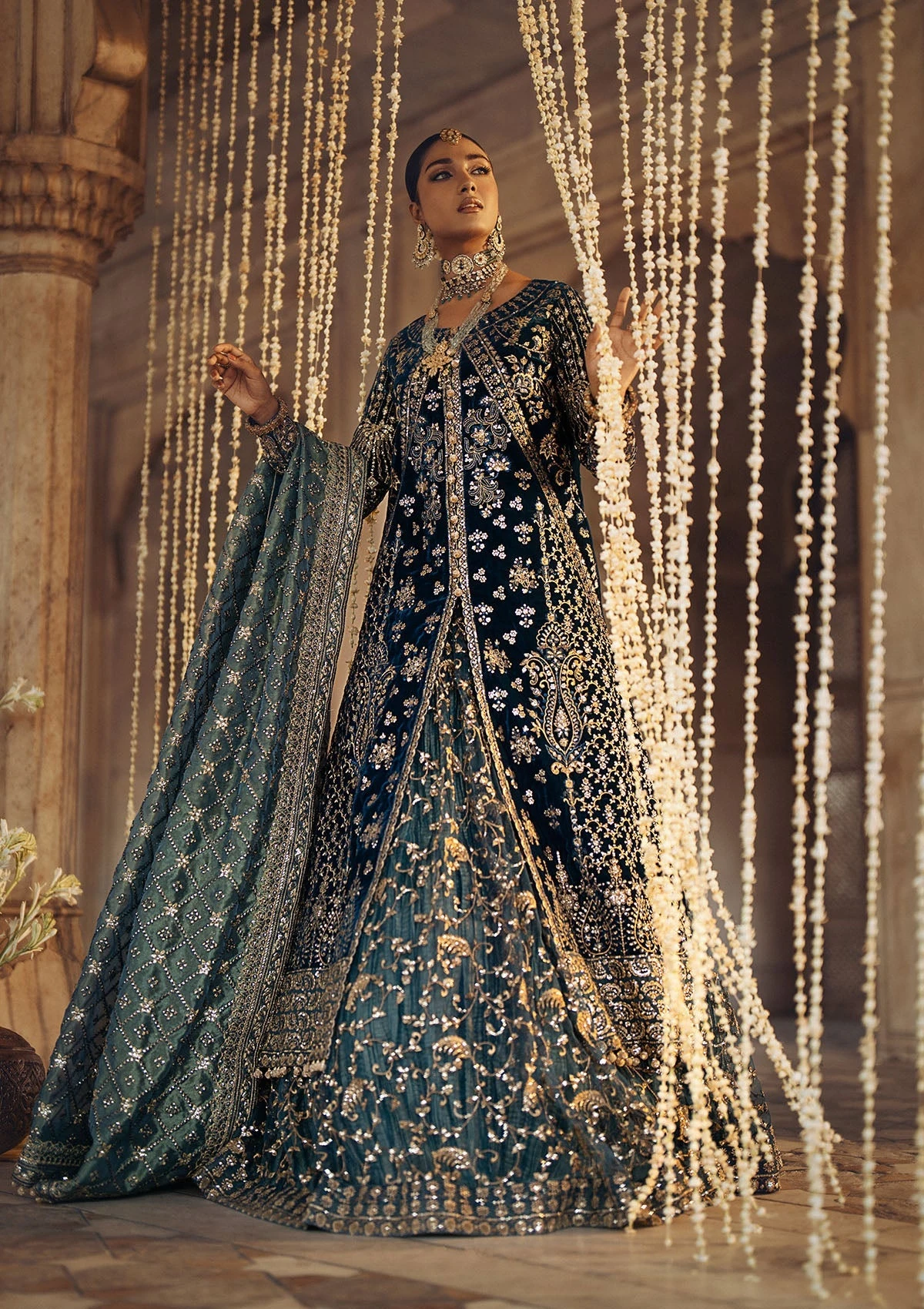 Teal Blue Embroidered Velvet Gown Pakistani Wedding Dress With Lehenga 3 Teal Blue Embroidered Velvet Gown Pakistani Wedding Dress With Lehenga