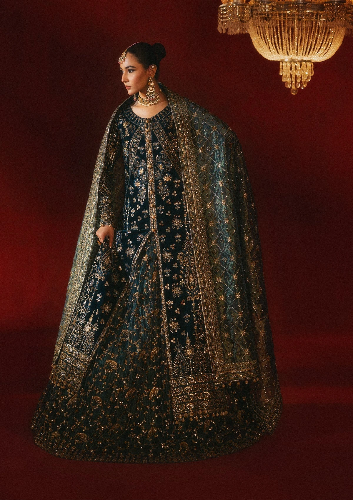 Teal Blue Embroidered Velvet Gown Pakistani Wedding Dress With Lehenga 4 Teal Blue Embroidered Velvet Gown Pakistani Wedding Dress With Lehenga - Image 2