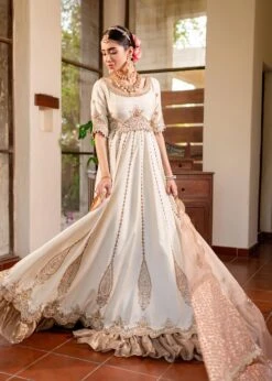 Traditional Ivory Pakistani Wedding Wear Pishwas Frock With Dupatta
