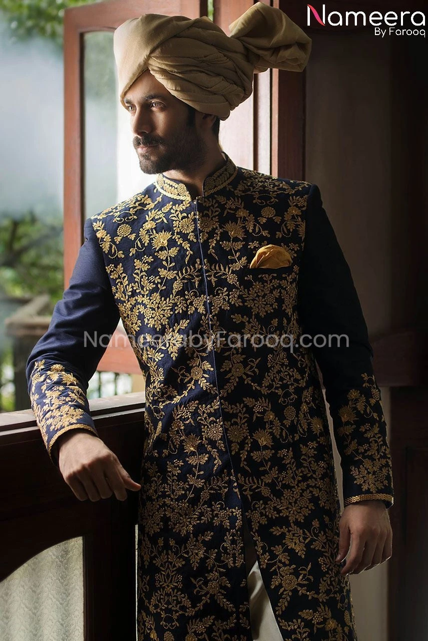Yale Blue Groom Sherwani With Embroidery Online #GR49 5 Yale Blue Groom Sherwani With Embroidery Online #GR49 - Image 3