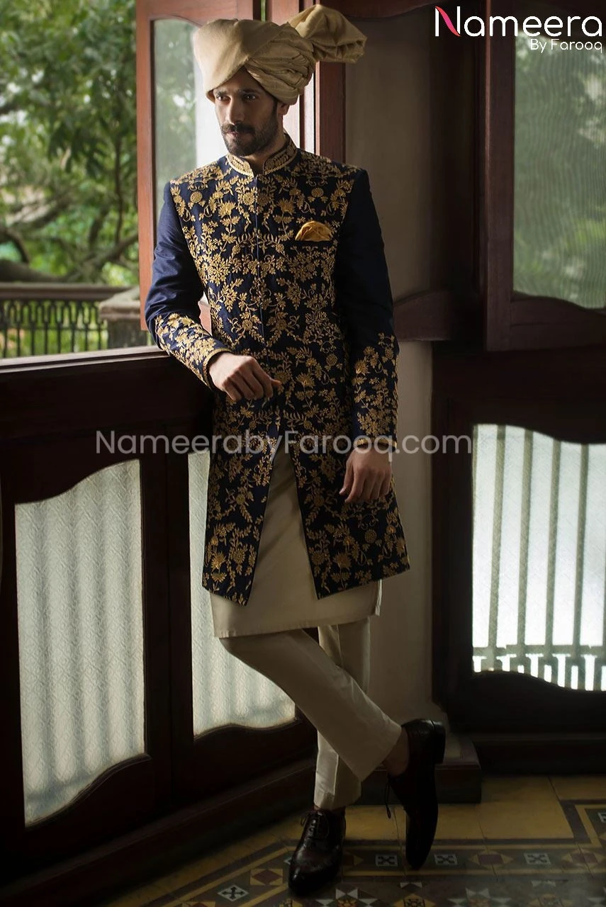 Yale Blue Groom Sherwani With Embroidery Online #GR49 4 Yale Blue Groom Sherwani With Embroidery Online #GR49 - Image 2