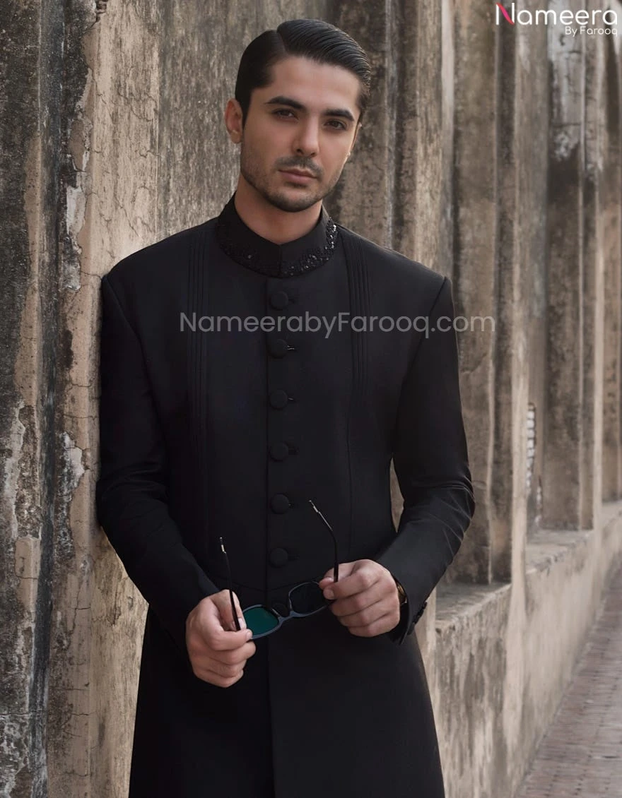 Premium Designer Black Sherwani For Wedding Wear #GN25 5 Premium Designer Black Sherwani For Wedding Wear #GN25 - Image 3
