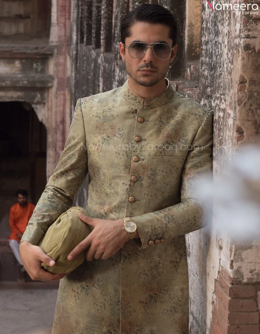 Rich Pakistani Floral Printed Sherwani For Dulha #GN29 4 Rich Pakistani Floral Printed Sherwani For Dulha #GN29 - Image 2