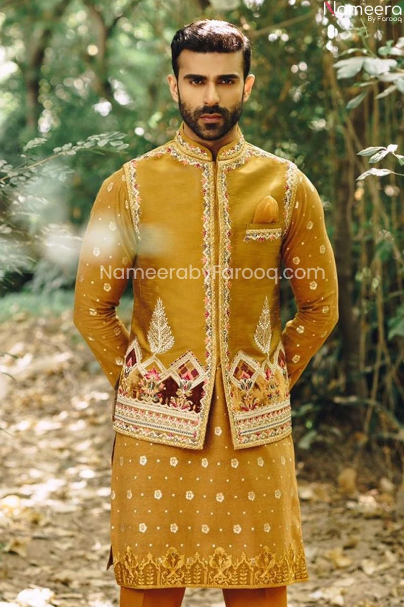 Mustard Waistcoat Kurta Designs For Men Sherwani #GN49 5 Mustard Waistcoat Kurta Designs For Men Sherwani #GN49 - Image 3
