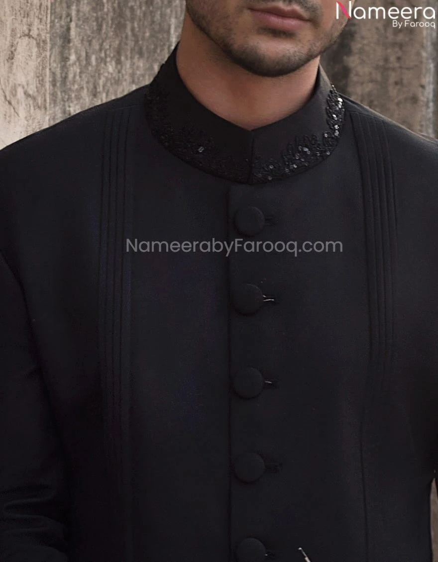 Premium Designer Black Sherwani For Wedding Wear #GN25 4 Premium Designer Black Sherwani For Wedding Wear #GN25 - Image 2