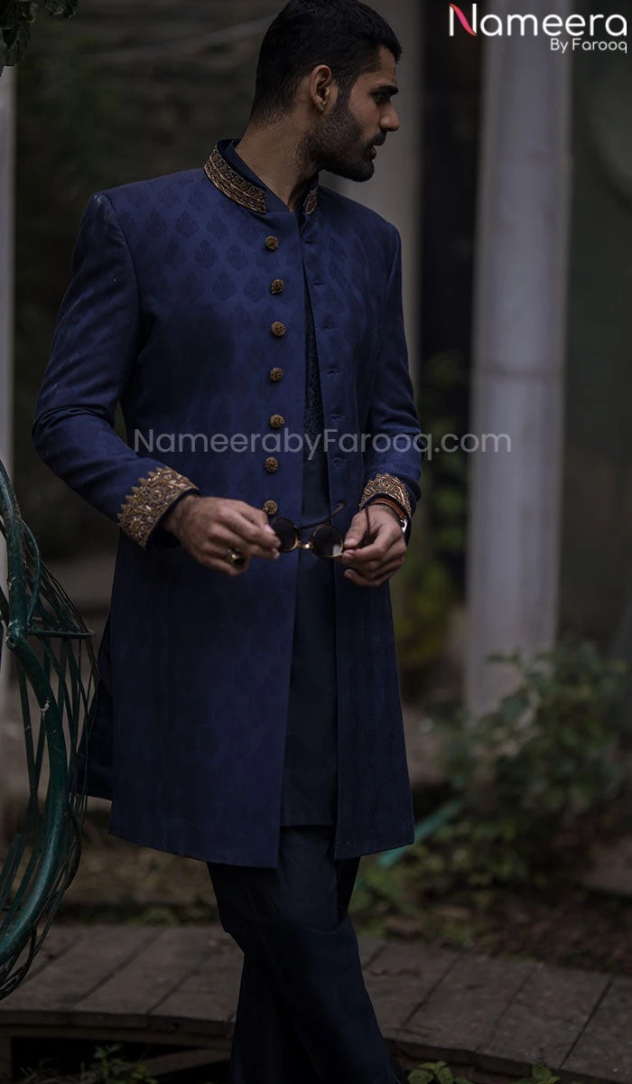 Royal Blue Sherwani For Groom In Atlas Jamawar #GN19 3 Royal Blue Sherwani For Groom In Atlas Jamawar #GN19